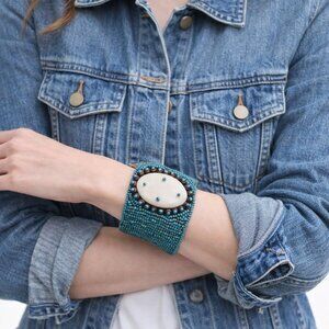 Hand Beaded cuff, Vintage Boho.  Turquoise glass beads w. natural stone disc.